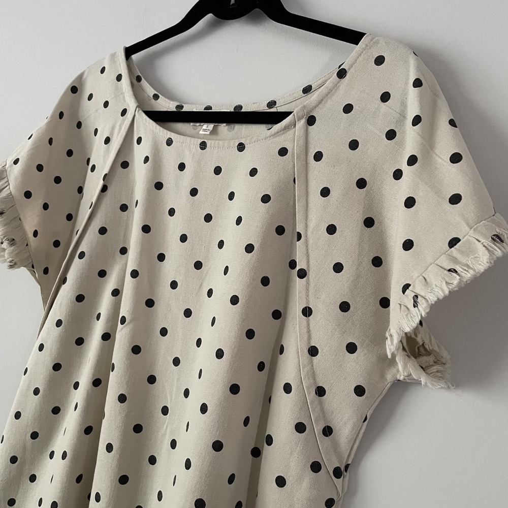 Umgee Linen Cotton Polka Dot Boxy Top Ivory Size S Canvas Fringe Twee Oversized - Picture 5 of 12
